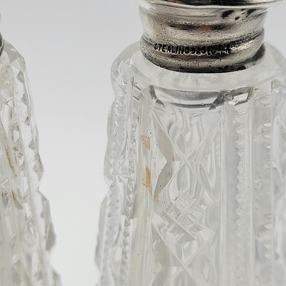 Vintage MCM Crystal Salt and Pepper Shakers Sterling Silver Caps Mother of Pearl - Picture 6 of 10